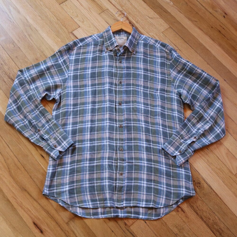 Maurizio Baldassari Brera Shirt Men's L Plaid 100% Linen Button-Down Azure Gray - Picture 3 of 8